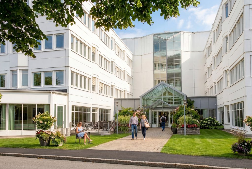 Visionsbild av byggnad på Prosper Park framtagen med hjälp av AI-verktyg.