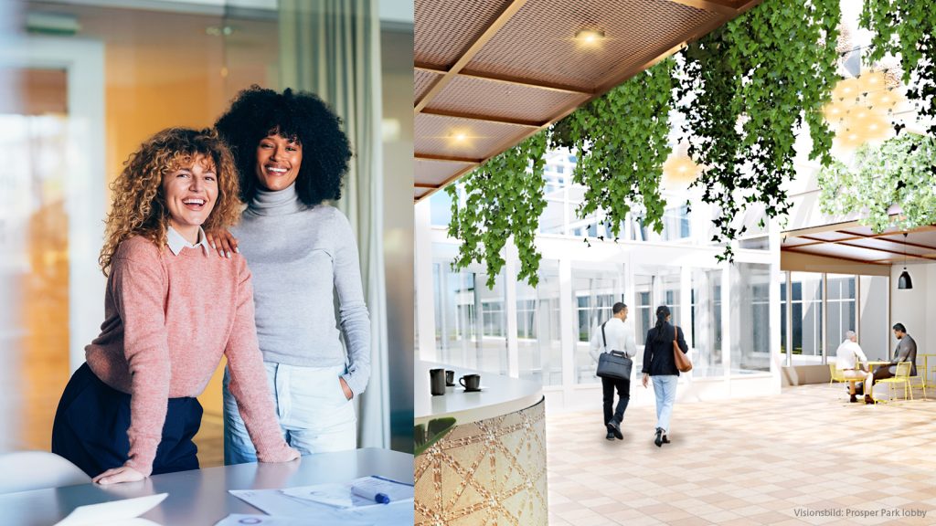 Visionsbild Prosper Park. Två personer vid ett kontorsbord i moderna lokaler. Bredvid en bild med Prosper Parks lobby. Grönskande och ljusa ytor med gångstråk och sittplatser.