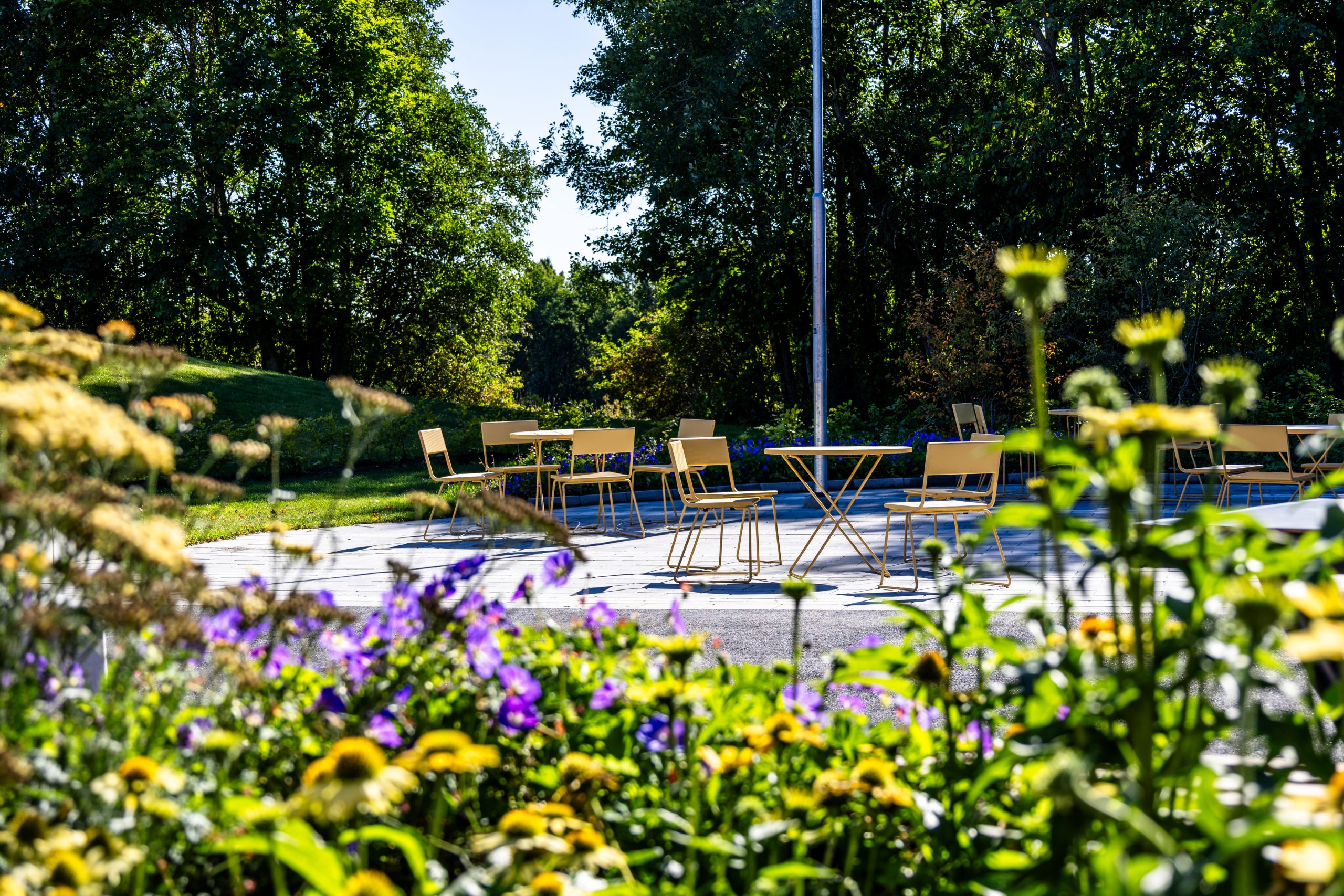 Flundregårdens baksida, uteplats med blommig plantering.