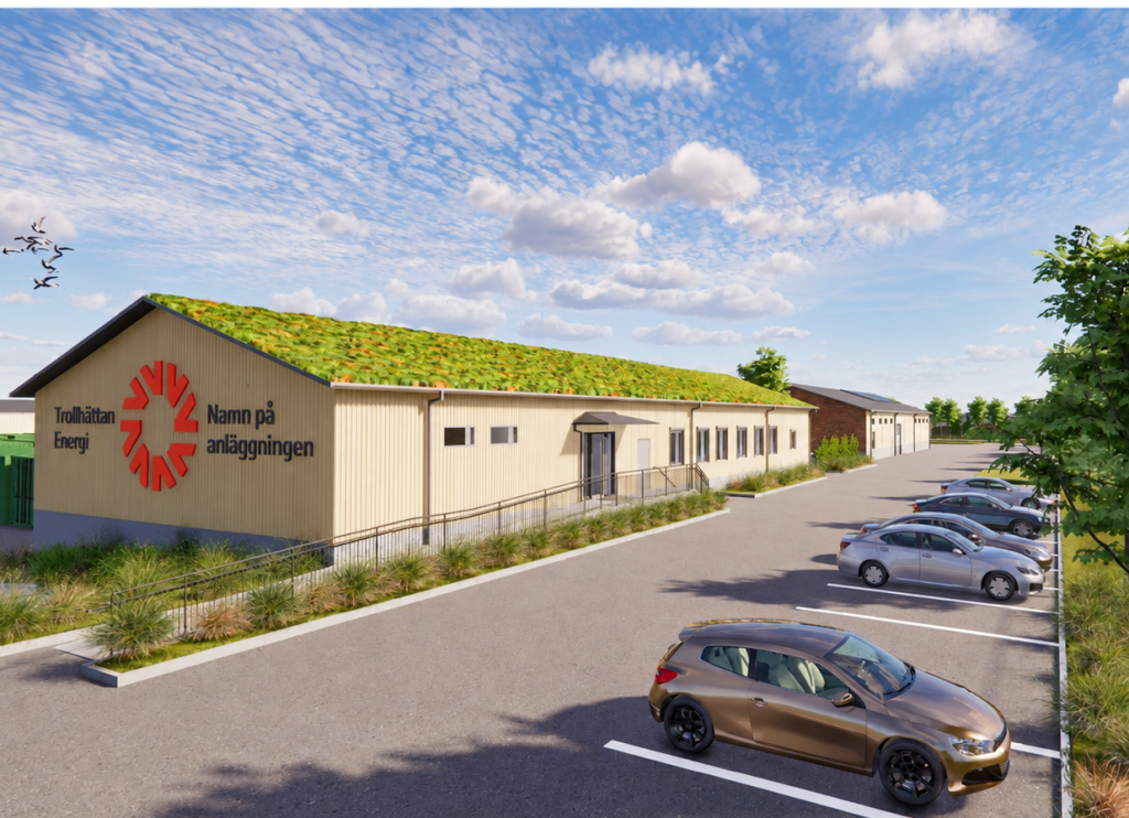 Visionsbild på byggnad och parkering för ny återvinningscentral.