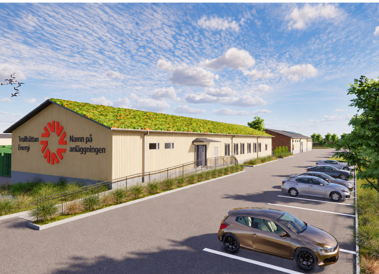 Visionsbild på byggnad och parkering för ny återvinningscentral.